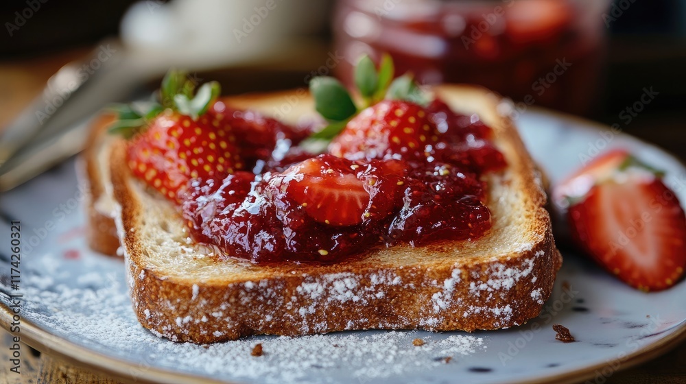 Poster Sumptuous breakfast toast topped with fresh strawberries and strawberry jam on a rustic plate with powdered sugar garnish.