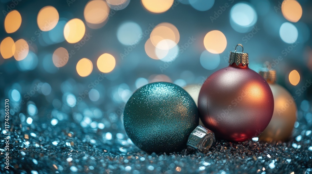 Fototapete colorful christmas baubles on sparkling background with soft bokeh lights creating a festive and joy