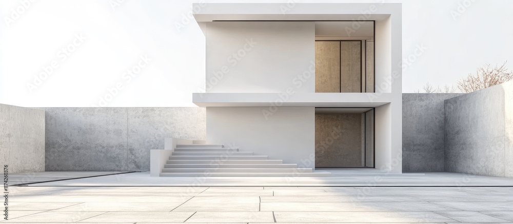 Poster modern 3d house model displayed on a construction site with a minimalistic backdrop and ample space 