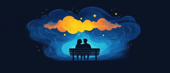 Naklejka premium Romantic couple silhouette on bench under dreamy clouds and stars in night sky illustration
