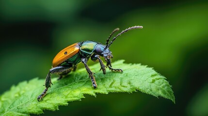 Fototapeta premium Vibrant beetle perched on green leaf showcasing intricate details and vivid colors in a natural setting