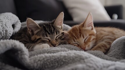 Two adorable tabby kittens peacefully sleeping on soft gray fleece blanket in cozy indoor setting representing comfort and tranquility