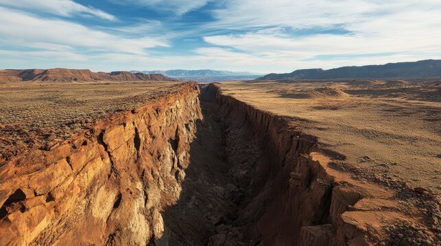 Breathtaking aerial view of a tectonic fault line highlighting the dramatic rift between shifting geological plates in a vast arid landscape - Powered by Adobe