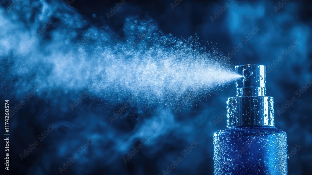 Poster Water mist spray in studio setting with blue background creating a refreshing and soothing ambiance showcasing fine mist droplets.
