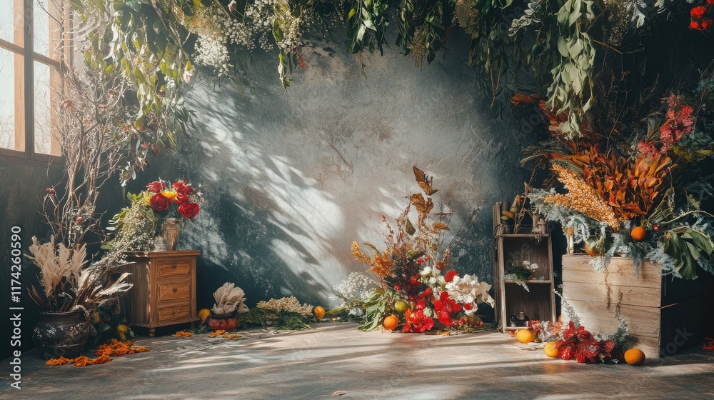 Poster elegant studio setup featuring vibrant floral arrangements and rustic decorations against a textured