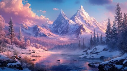 Fototapeta premium Scenic winter landscape showcasing majestic snow-covered mountains reflected in a serene river surrounded by evergreen forests