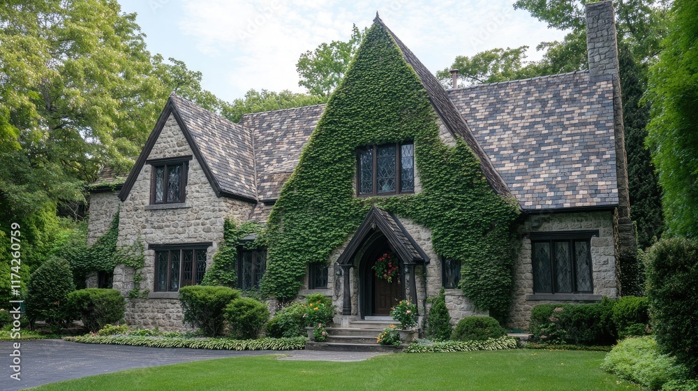 Poster stone house with triangular roof adorned with lush ivy surrounded by well-maintained lawn and vibran
