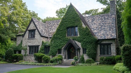 Stone house with triangular roof adorned with lush ivy surrounded by well-maintained lawn and vibrant greenery in serene neighborhood setting
