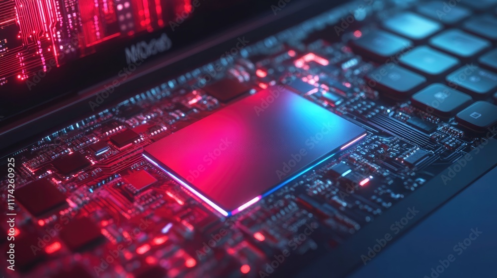 Poster Abstract representation of NVMe SSD storage technology enhancing laptop performance with vibrant circuitry and modern design elements