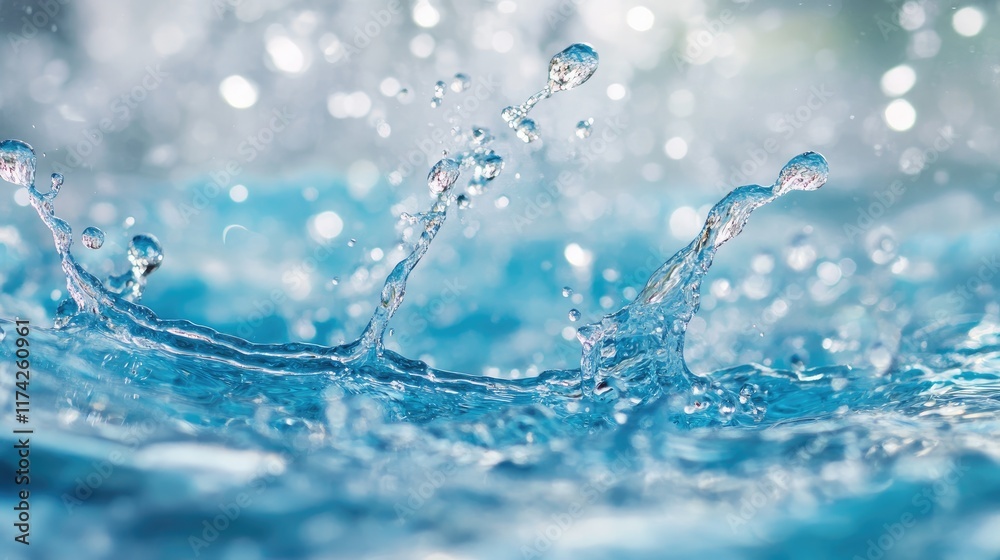 Poster dynamic splashes of clear blue water highlighting the elegance and energy of droplets in motion agai