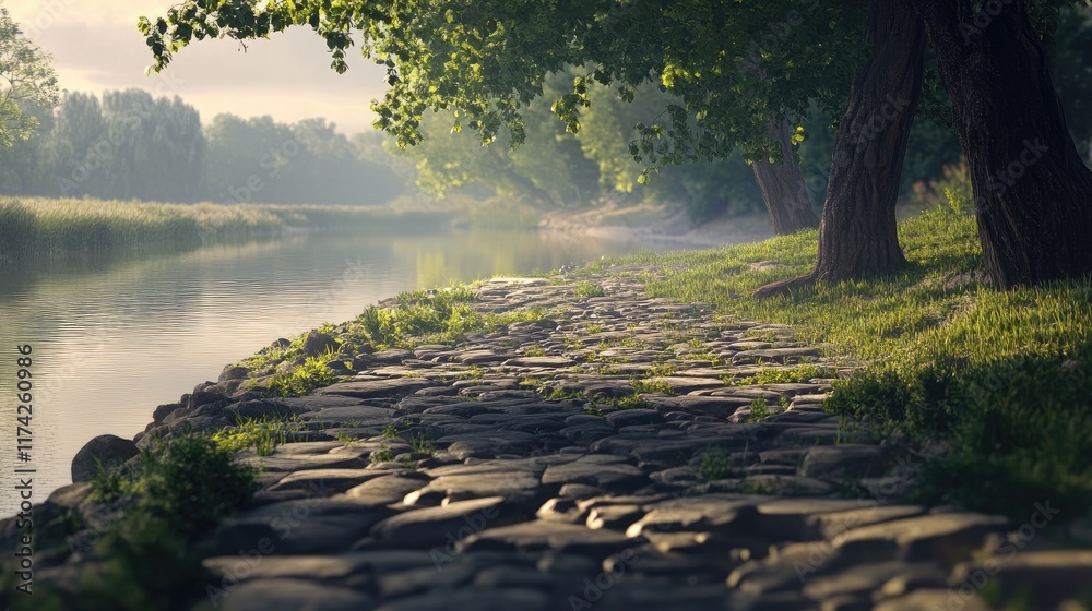 Poster scenic view of a tranquil riverbank featuring a stone pathway surrounded by lush trees and serene wa