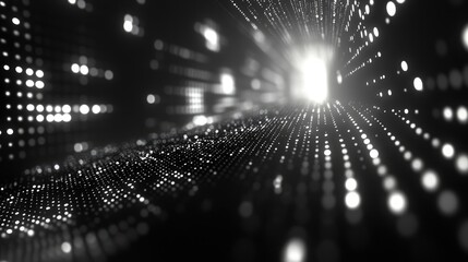 3D abstract digital backdrop with flowing binary code lights enhancing depth and movement in a futuristic environment