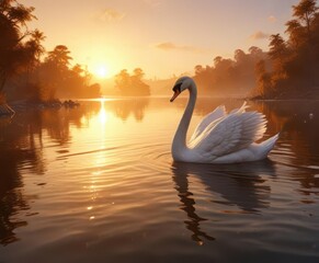 Fototapeta premium Artistic swan, sunrise paints water gold, ethereal scene , pink, waterbird, colors