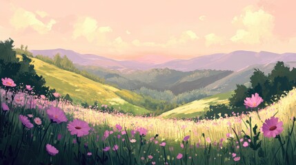Obraz premium Serene landscape of rolling hills adorned with blooming flowers under a pastel sky at sunset showcasing nature's beauty and tranquility.