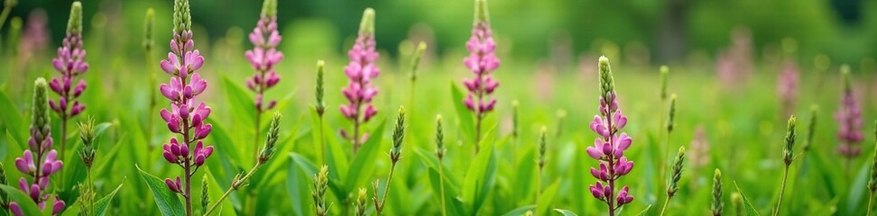 Fototapeta premium Lupine flowers with long slender stalks in a field of green grass, floral arrangement, leaves, stems
