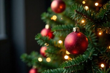 Fototapeta premium Glittering ornaments adorn the Christmas tree, shiney, decorations, christmas tree