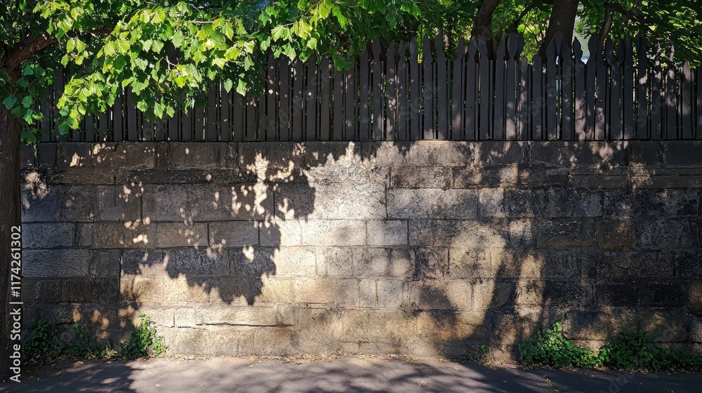 Poster Textured stone wall casting shadow patterns from a wooden fence and leafy trees in a serene outdoor setting.
