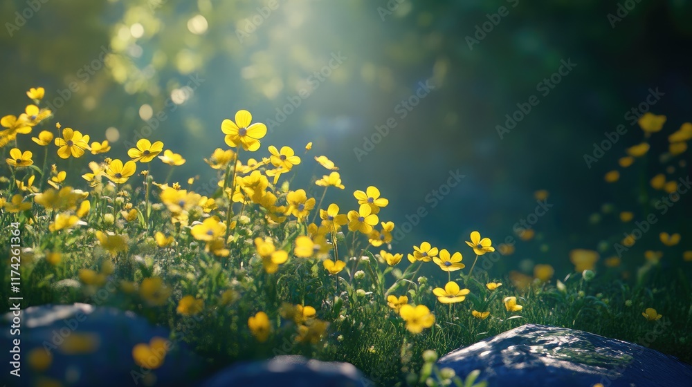 Poster vibrant yellow wildflowers blooming in a serene garden setting with soft sunlight illuminating the s