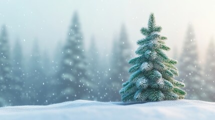 3D Christmas Tree Surrounded by Snow with Soft Focus Winter Landscape and Falling Snowflakes