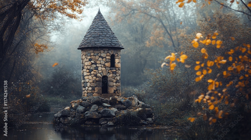 Aufkleber mysterious stone tower surrounded by autumn foliage reflecting in tranquil waters of a misty forest 
