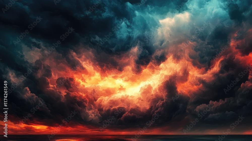 Aufkleber dramatic storm clouds gathering over a serene ocean at sunset creating a striking contrast of colors