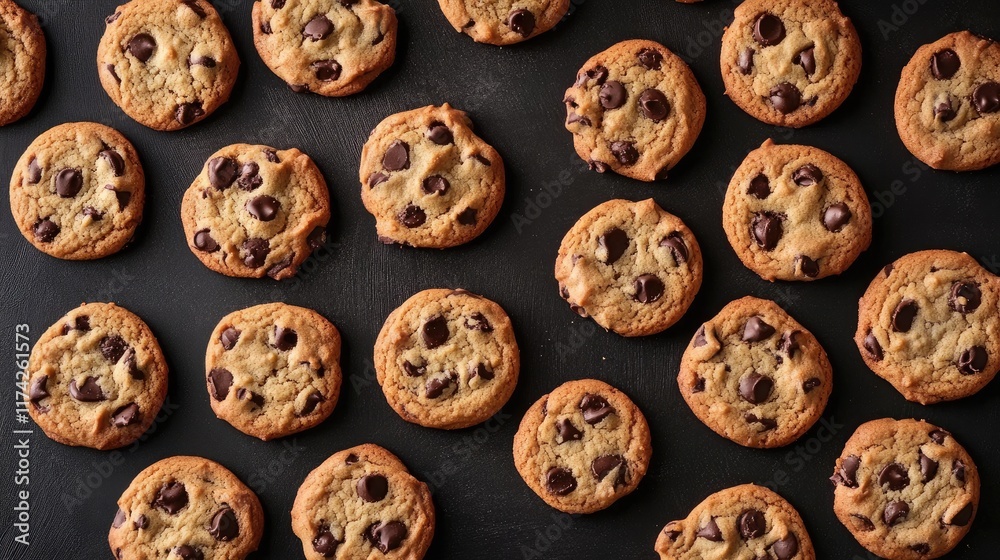 Poster delicious freshly baked chocolate chip cookies arranged on a dark surface presenting an inviting des