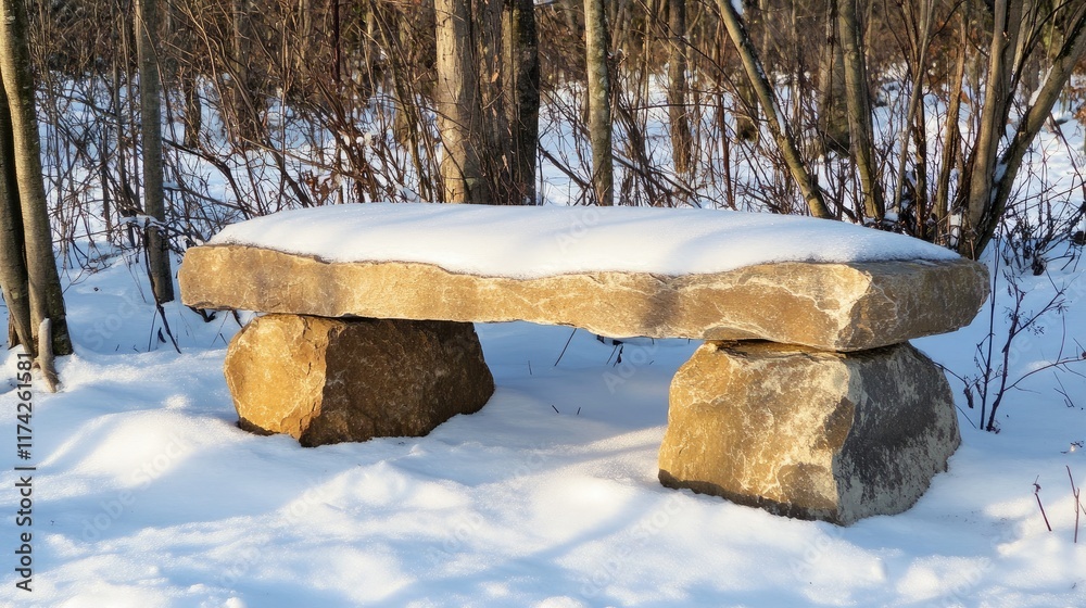 Poster stone bench covered in snow surrounded by trees in a winter landscape showcasing a serene and tranqu
