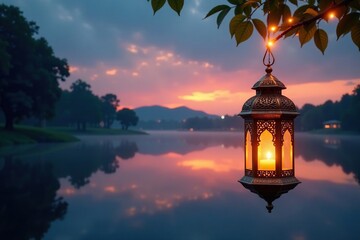 A single string of fairy lights adorns a Ramadan-themed lantern suspended above a tranquil lake at...