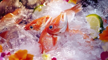 Variety of Fresh Fish Displayed on Ice with Colorful Flowers in Seafood Market Setting Perfect for Culinary and Seafood Promotions