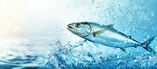 Vibrant closeup of fresh fish leaping from clear blue water ideal for seafood product banners with ample space for promotional text