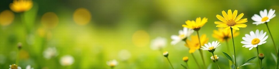 Obraz premium Yellow and white small daisy blooms in a serene garden landscape, yellow,