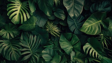 Lush green tropical leaves forming a dense canopy creating a serene and calming natural backdrop for design and wellness themes
