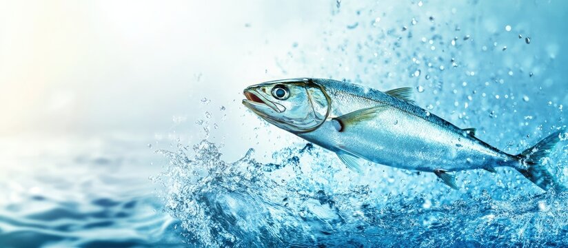 Vibrant closeup of fresh fish leaping from clear blue water ideal for seafood product banners with ample space for promotional text
