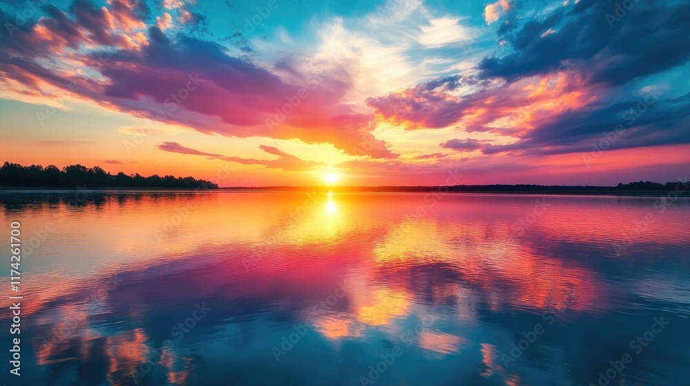 Poster vibrant sunset reflection on calm waters creating a serene and peaceful landscape atmosphere at dusk