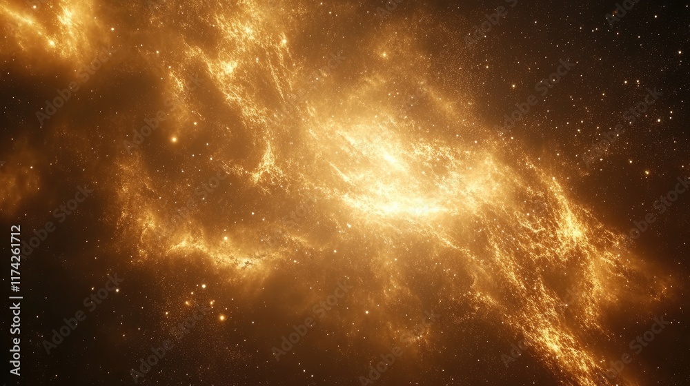 Poster vibrant cosmic nebula with glowing golden hues and starry elements in a captivating space scene