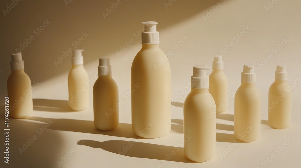 Poster Collection of assorted lotion bottles arranged artistically in a minimalist studio setting with soft natural lighting and subtle shadows.