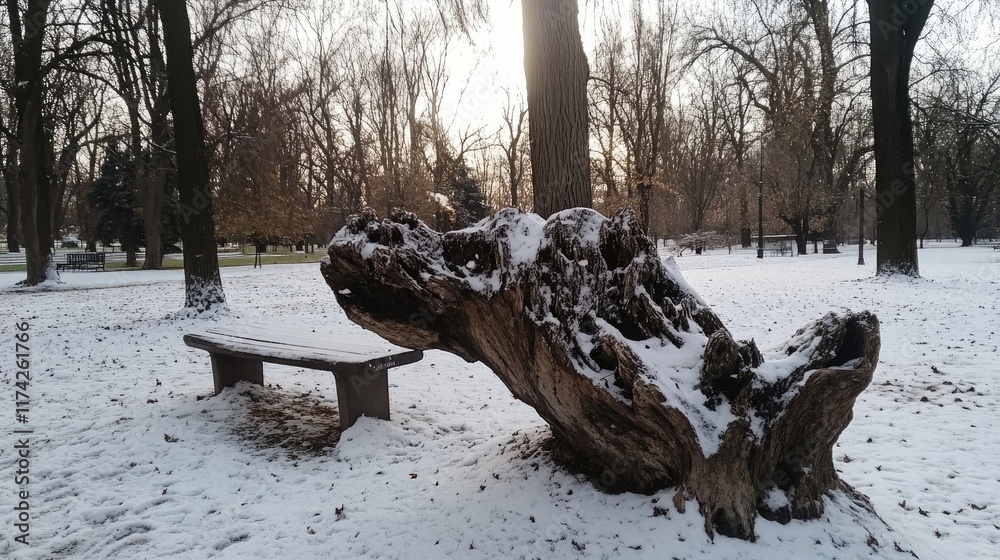 Aufkleber a snow-covered bench beside a weathered tree trunk in a tranquil winter park setting