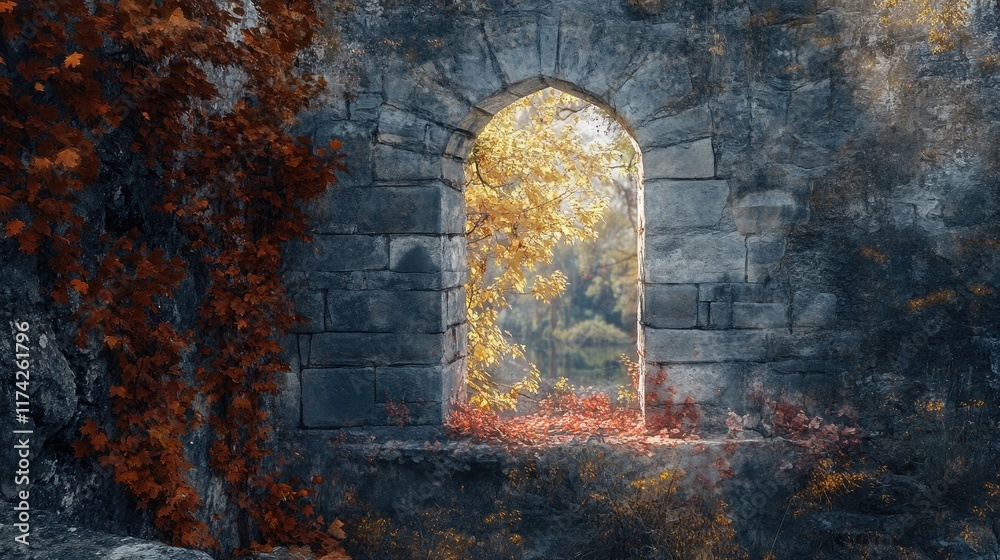 Poster Ancient stone wall with arched window surrounded by vibrant autumn foliage and soft lighting creating a serene atmosphere
