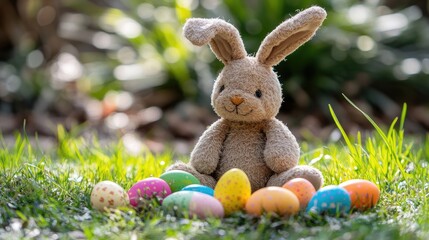 Stuffed bunny surrounded by colorful Easter eggs in a vibrant green garden setting for a cheerful festive atmosphere.