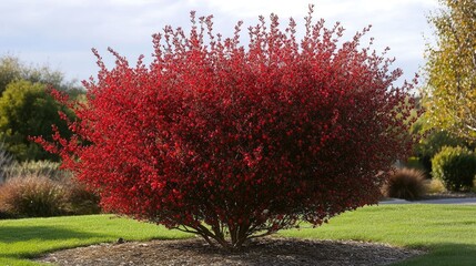 Vibrant Berberis bush showcasing striking red foliage in a landscaped garden setting with lush greenery and natural surroundings.