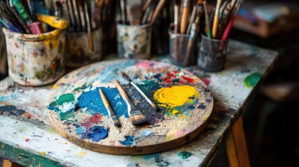 Artistic workspace featuring paintbrushes and colorful palettes on a wooden table in a vibrant creative studio setting.