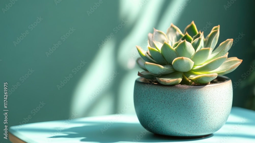 Aufkleber succulent plant in decorative pot illuminated by sunlight on a bright table with soft shadows in a s