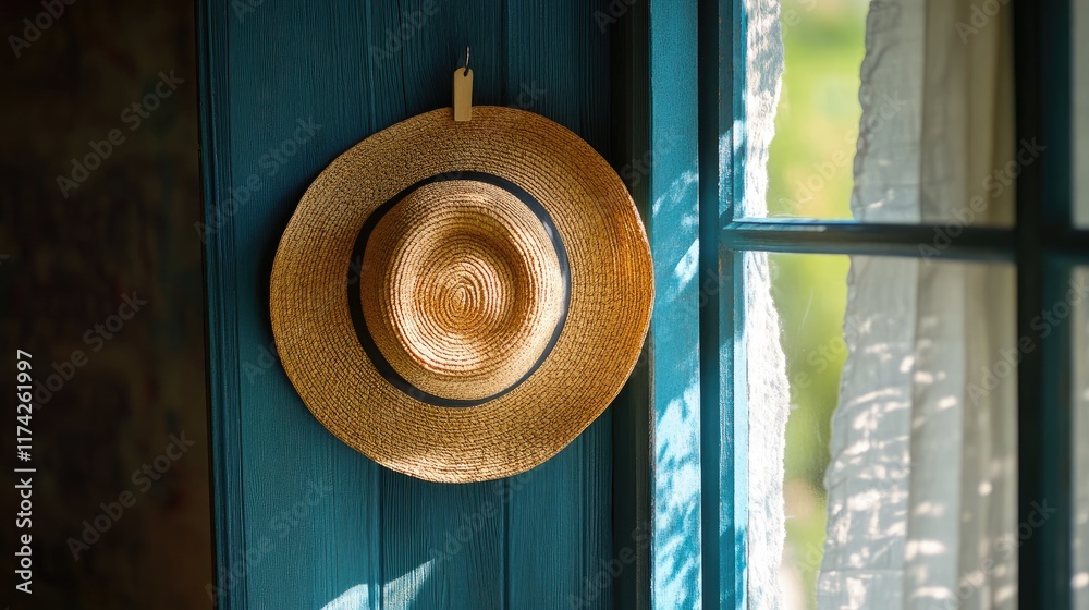 Poster straw hat hanging on a rustic peg near a sunlit window creating a warm and inviting atmosphere at ho