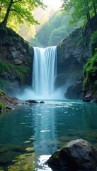 Naklejka premium Misty waterfall cascading into crystal clear river, misty, trees, peaceful