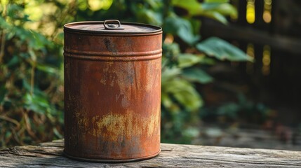 Naklejka premium Rustic vintage food canister on wooden surface surrounded by nature, showcasing weathered metal and rich textures in outdoor setting.