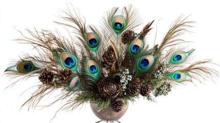Obraz premium Elegant arrangement of peacock feathers and pinecones in a decorative centerpiece for home and event styling