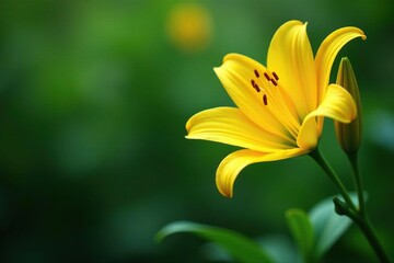 Obraz premium Large bright yellow lily bloom with prominent bud on mature green stalks, leafy, vegetation