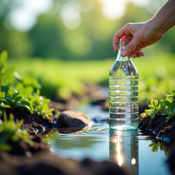 Gentle stream of artesian well water filling a bottle, gentle, water, well