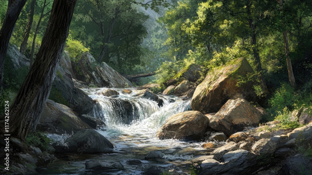 Poster Mountain stream cascading over rocks and fallen trees in a lush summer forest with vibrant greenery and soft sunlight filtering through trees