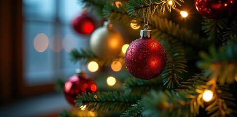 Twinkling lights surround Christmas tree ornaments, lighted, seasonal